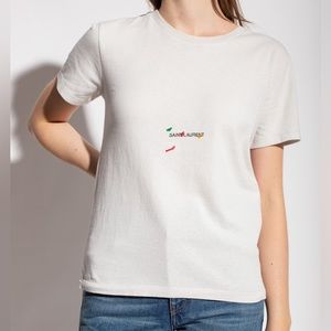 Saint Laurent Womens Rive Gauche YSL Logo Cotton T Shirt Tee Classic Light Gray